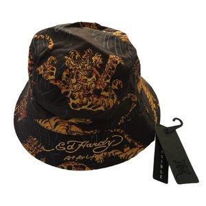 ED HARDY / ART OF LIFE / TIGER DESIGN & BLACK REVERSIBLE BUCKET HAT / OS 🍂